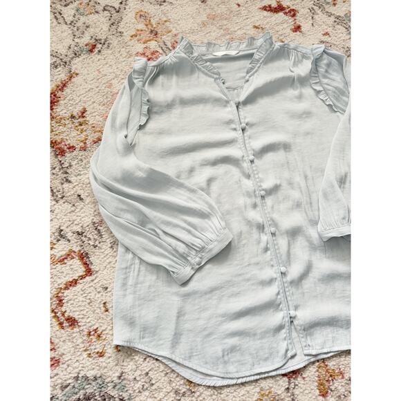 Women's Lauren Conrad light blue Ruffled Button-Up Long Sleeve Blouse Size small - Picture 7 of 15